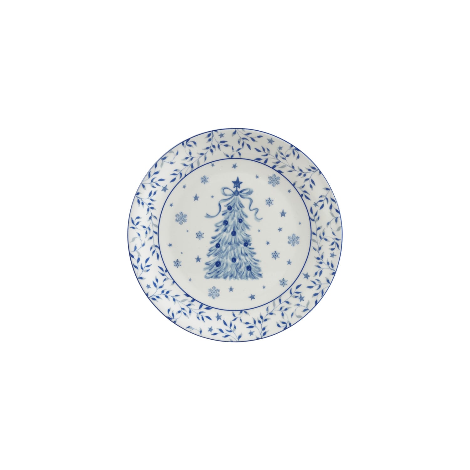 Stoneware Plate with Tree, White & Blue