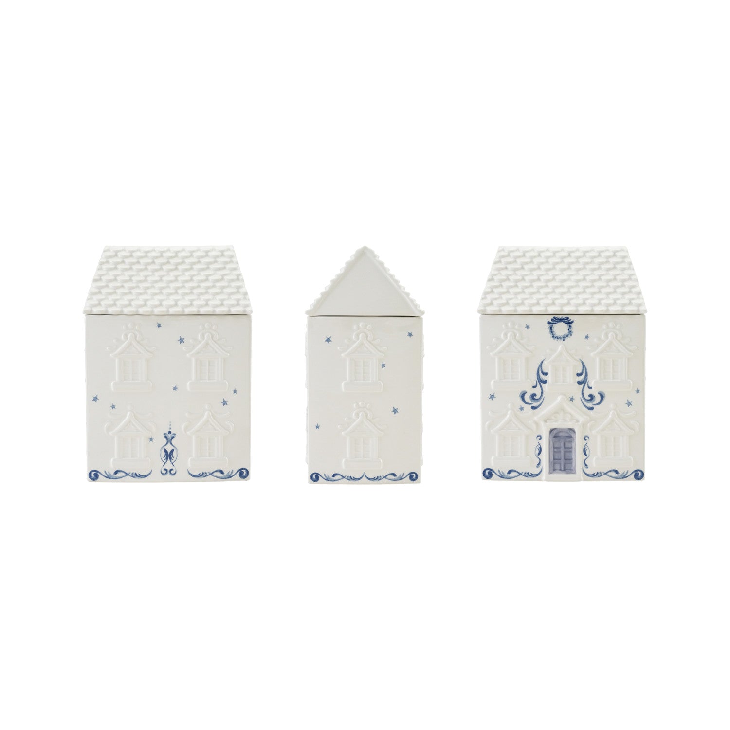 Ceramic House Shaped Cookie Jar with Stars, Wreath & Design, White & Blue