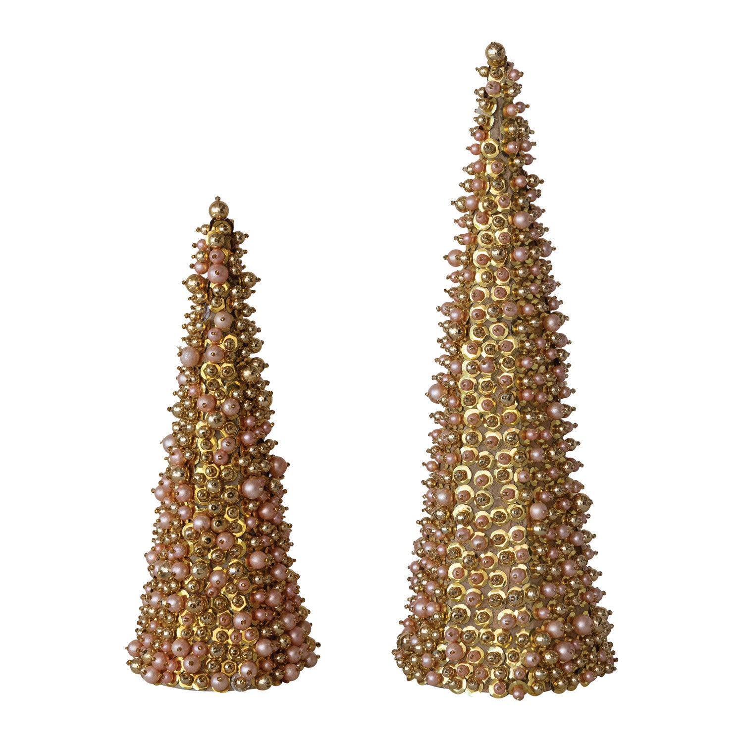 Faux Pearl & Glass Beaded Trees with Sequins, Gold Finish & Pink