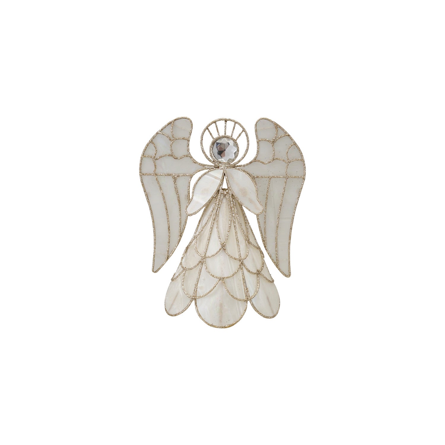 Metal & Faux Capiz Angel Tree Topper with Gold Glitter & Acrylic Jewel