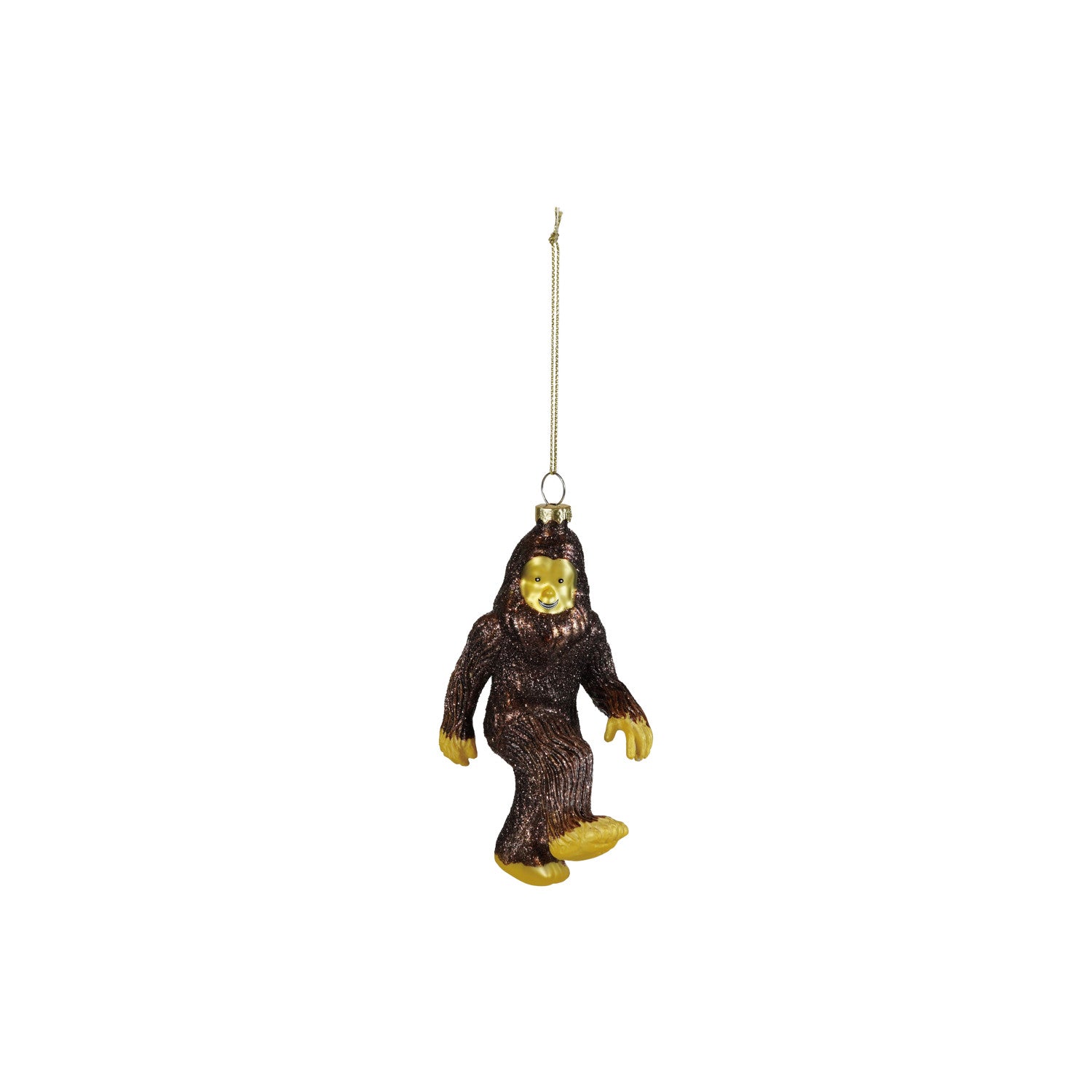 Hand-Painted Glass Bigfoot Ornament with Glitter, Brown & Yellow