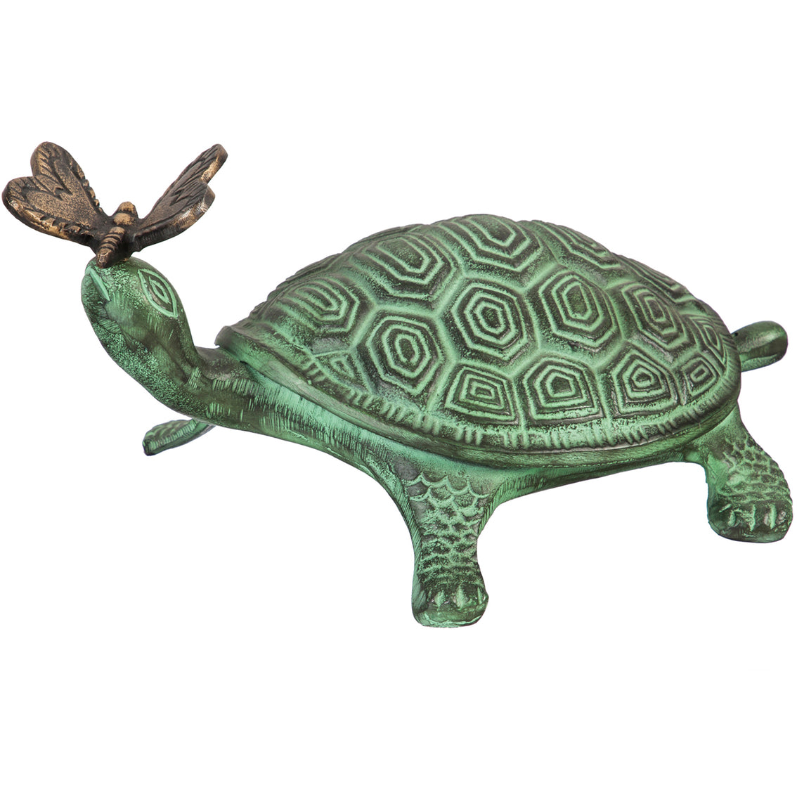 14"L Turtle and Butterfly Verdigris Metal Garden Statuary