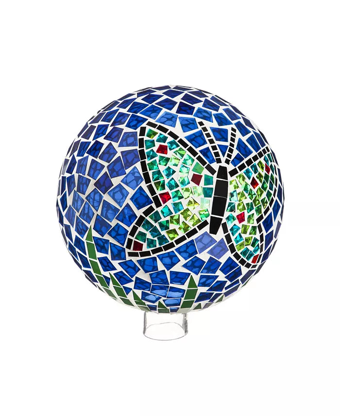 10" Mosaic Glass Gazing Ball, Teal Butterfly