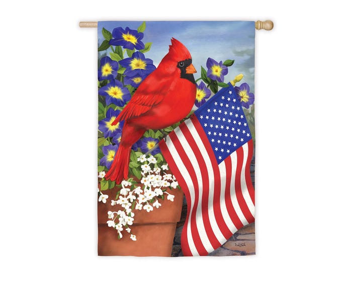 Cardinal and Patriotic Flag Suede Garden Flag