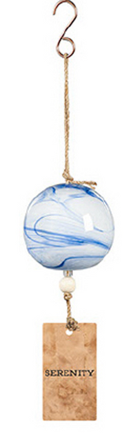 Solid White with Blue Swirl Art Glass Wind Bell, Serenity