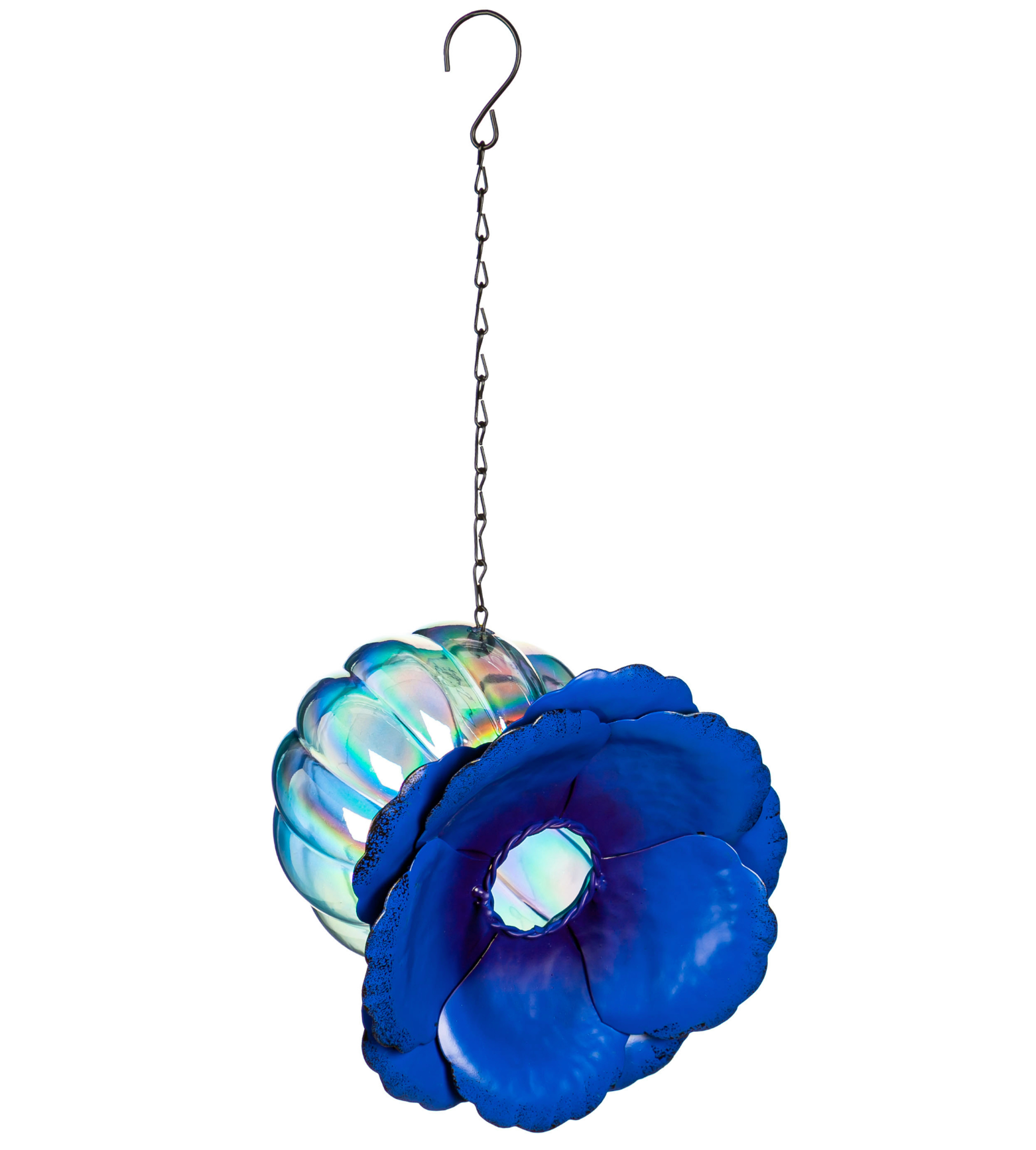 Metal Flower with Iridescent Glass Bird Feeder, Blue Dahlia - A. Dodson's